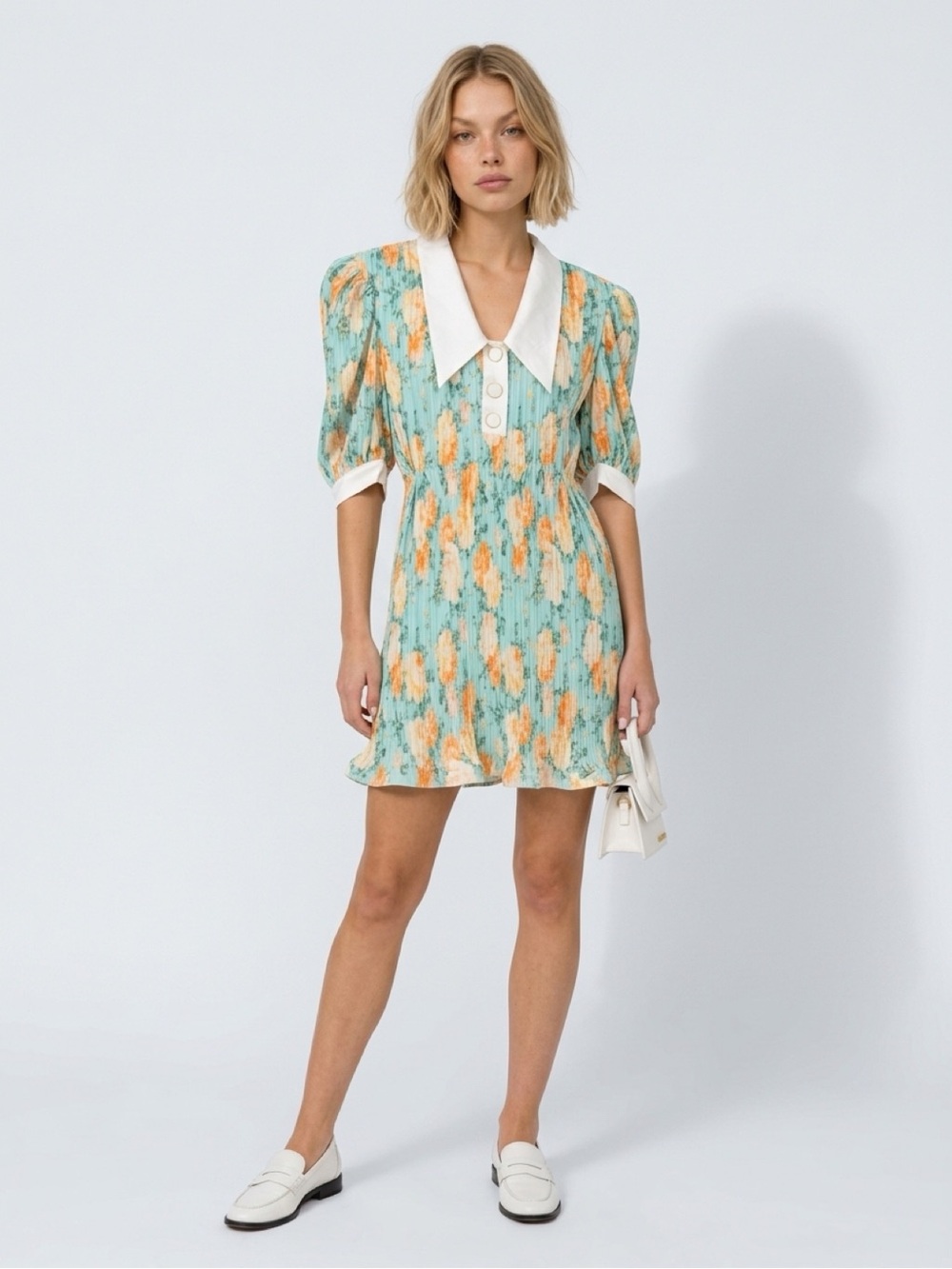 Plated Georgette printed polo Mini Dress Green Orange Roses